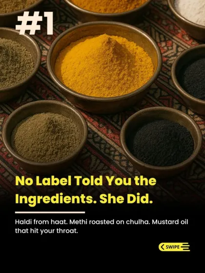 There were no ingredient labels on our mother's pickle jars because she showed us what went in: haldi from the local haat, methi roasted on the chulha, and mustard oil that hit the back of your throat. We follow the same transparency.