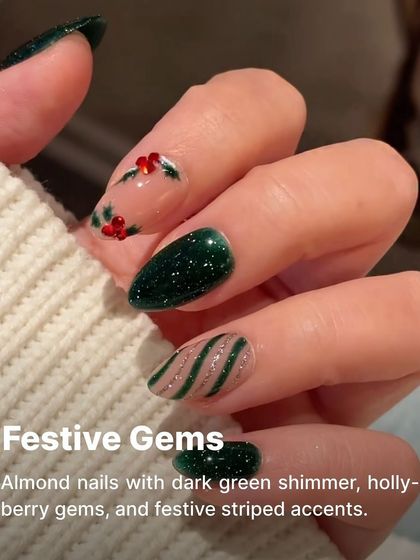 A sophisticated holiday look with dark green shimmer, holly-berry gems, and festive striped accents on almond-shaped nails.