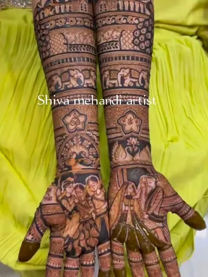A family-centric bridal mehendi with portraits of the couple and their family members. The design is a beautiful tribute to the union of two families.