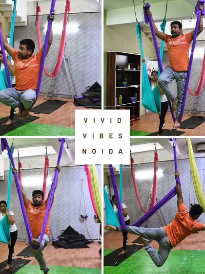 Let your spirit soar as you rise above the mat. This collage showcases the dynamic and powerful side of aerial yoga, with students holding strong poses that require full-body engagement.