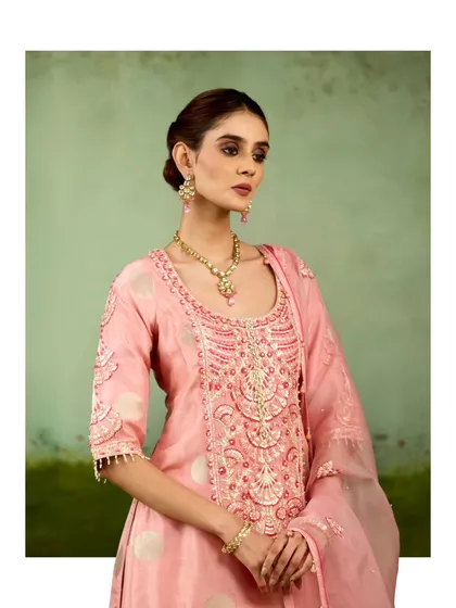 A beautifully styled shot of the pink sharara set, showcasing its flattering silhouette and elegant neckline. It’s a perfect example of modern ease meeting festive elegance.