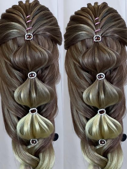 A detailed image of the creative open hairdo with bubble sections.