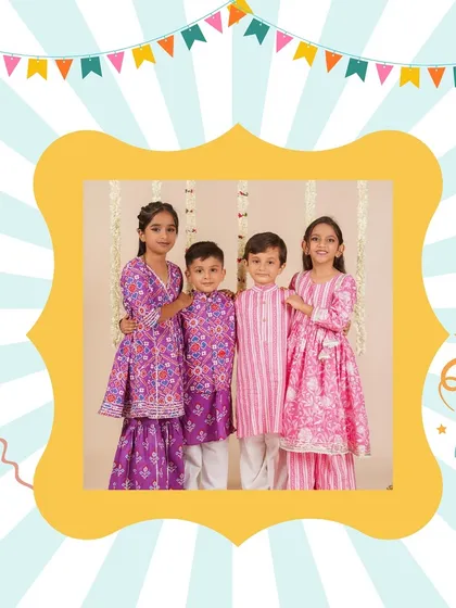 A group of children dressed in stunning festive outfits. From shararas to kurtas, you'll find a variety of styles and prints for boys and girls.