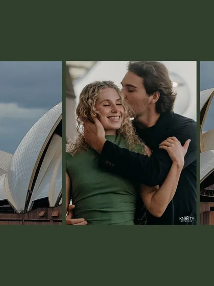 A triptych focusing on the couple's affection with the Sydney Opera House as a backdrop. The central frame captures a sweet kiss on the cheek, a perfect memory from their pre-wedding adventure.