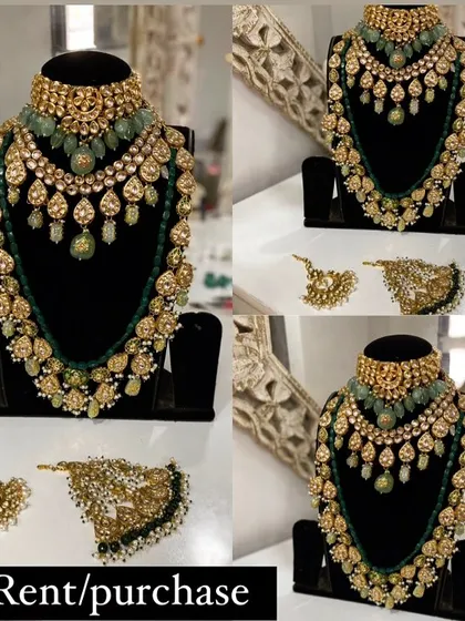 A collage showing different angles of a green bridal set available for rent or purchase. It includes a choker, a long necklace, and a matching passa.