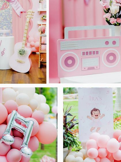 A collage of music-themed details, including a boombox prop, a balloon with a music note, and a welcome sign.