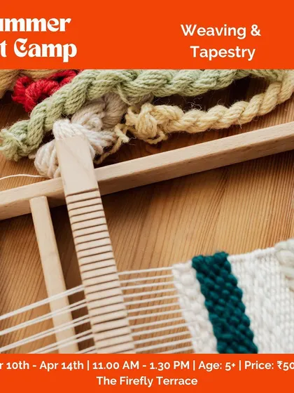 A close-up of the weaving and tapestry activity featured in our summer art camp. Kids learn the basics of working with a loom and different types of yarn to create textured, colorful fabric art.