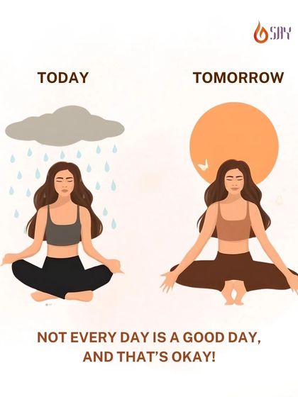 Not every day is a good day, and that's okay. This graphic illustrates that it's normal to have ups and downs. Yoga teaches us to show up for ourselves even on the cloudy days, knowing the sun will shine again.