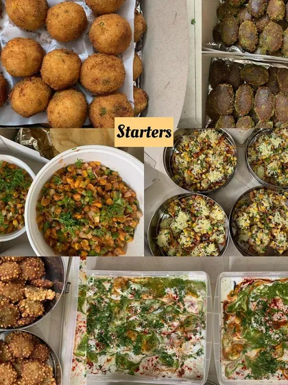A collage of starters including dahi vada, sabudana vada, and crispy corn.