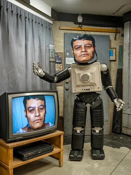 A robot with a human face on its monitor has a conversation with a TV set showing the same face. A surreal exploration of identity and AI titled 'a conversation with claude'.