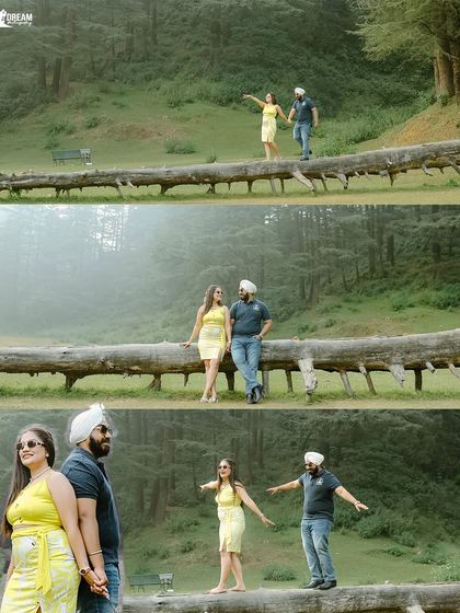 A fun and dynamic collage of the couple balancing and playing on a large fallen tree log in a misty forest, showcasing their adventurous side.