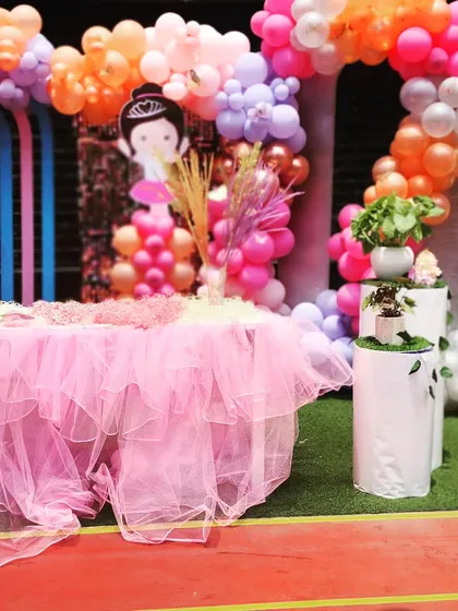 The main cake table for the Ballerina party, adorned with a pink tulle skirt.