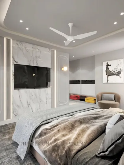 This render shows the bedroom from a different angle, highlighting the custom wardrobes and the overall spacious layout.