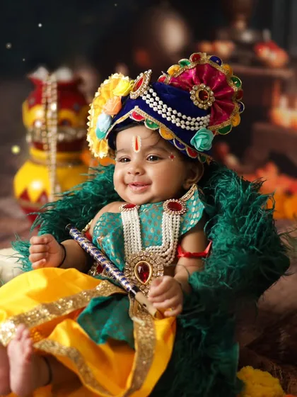 Another adorable Bal Gopal in a different outfit. We have a variety of costumes and props to make each Janmashtami shoot unique.