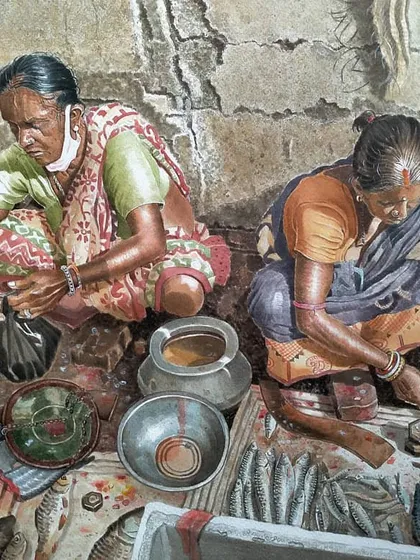 This hyper-realistic watercolor painting by featured artist Akash Nandy captures a slice of daily life with incredible detail. It serves as an inspiration for what is achievable with the medium.