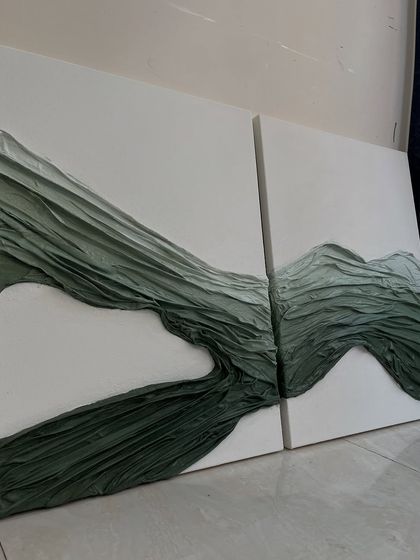 The two green textured panels resting in my studio before being shipped to their new home in Mumbai.