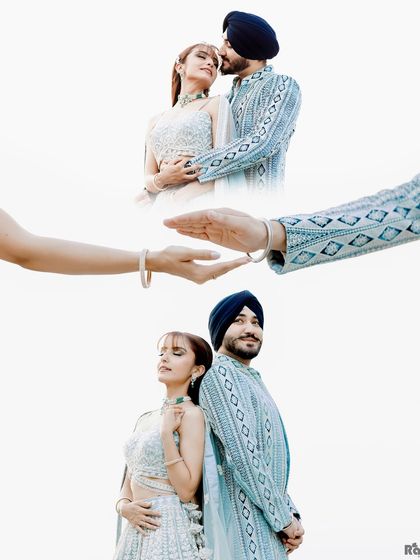 A creative collage with a high-key, minimalist aesthetic. The symbolic gesture of the hands almost touching adds a layer of meaning to these clean and modern couple portraits.