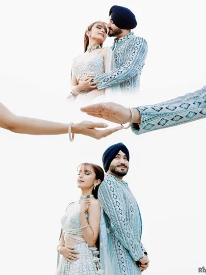 A creative collage with a high-key, minimalist aesthetic. The symbolic gesture of the hands almost touching adds a layer of meaning to these clean and modern couple portraits.