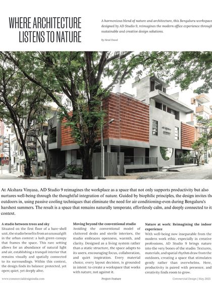 The cover story in Commercial Design magazine, titled "Where Architecture Listens to Nature." The article details how our studio reimagines the workplace by integrating nature to enhance well-being and eliminate the need for air conditioning.
