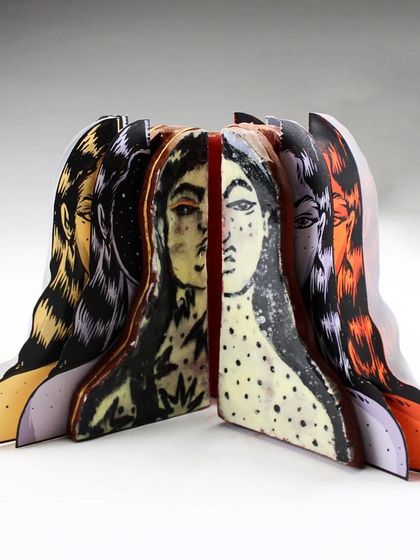 Another view of the assembled 'Confrontation' sculpture.