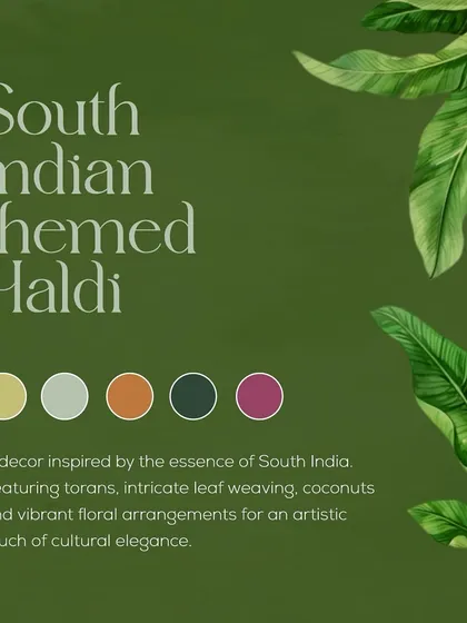 Our mood board for the South Indian themed Haldi, outlining the color scheme and key inspirations like torans, leaf weaving, and coconuts.