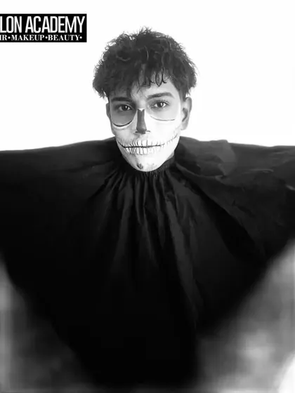 A striking portrait of a student's skull makeup creation. We teach you how to use light and shadow to create realistic and dramatic SFX looks.