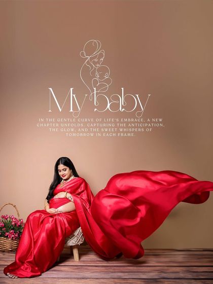 This creative edit adds a beautiful text overlay to the flowing saree portrait, turning it into a personalized piece of art celebrating the baby.