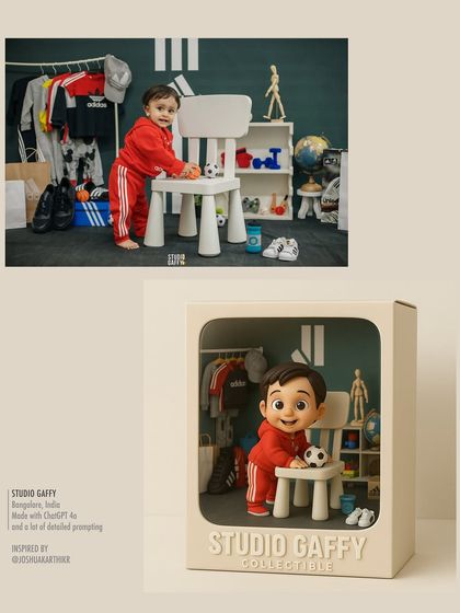 The Adidas-themed photoshoot transformed into a "Studio Gaffy Collectible" 3D figurine.