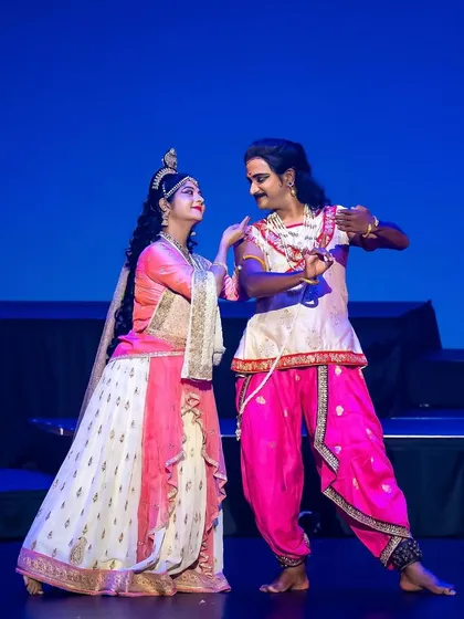 Storytelling is at the heart of our dance. Here, we portray the timeless love story of Radha and Krishna, using expressive abhinaya and graceful movements to bring mythology to life on stage.