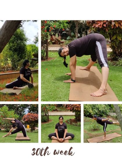 At 30 weeks, this mama is practicing on a cork mat in her garden. Her sequence includes hip openers like Pigeon Pose and balancing poses.