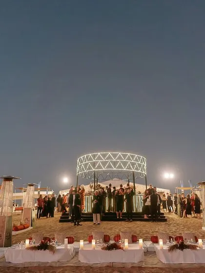 We transformed the Thar desert into an epic welcome party under the stars. The logistics were complex, but creating this unforgettable experience with an earthy, neutral decor palette that complemented the vast landscape was a challenge we loved.