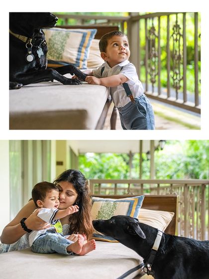 A collage capturing the gentle friendship between little Vyom and his dog, Rio. Whether it's Vyom looking up with curiosity or getting a gentle sniff from his protective friend, these outdoor shots show a bond built on trust and affection.