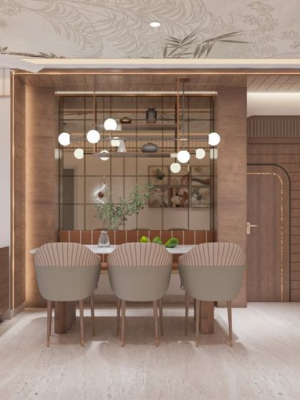 This shot highlights the custom dining setup with integrated bench seating against a mirrored and wood-paneled wall. The pendant lighting creates an intimate atmosphere, perfect for meals.