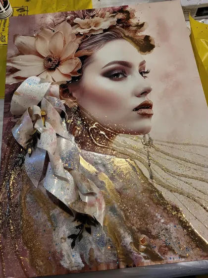 A stunning portrait enhanced with 3D resin art techniques. The handmade flowers and shimmering waves add a touch of magic and elegance to the piece.