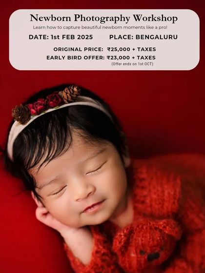 An announcement for the Newborn Photography Workshop with early bird pricing.