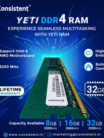 Our Yeti DDR4 desktop RAM is available in 8GB, 16GB, and 32GB capacities. This 32GB module, running at 3200MHz, is perfect for power users, creators, and gamers who need maximum performance and reliability, backed by a lifetime warranty.