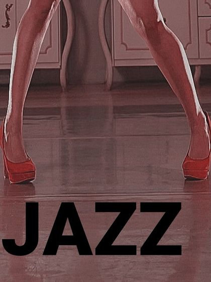 The word "JAZZ" overlaid on an image of a dancer's powerful stance, capturing the essence of the style.