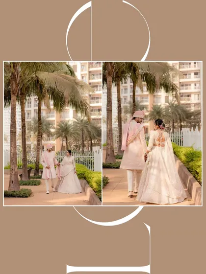A creative diptych showing the couple walking together, framed by palm trees. This is how I document your story, finding artistic ways to present your wedding day portraits.
