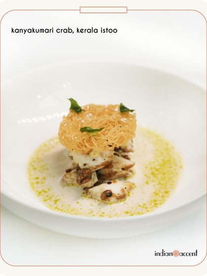 Sweet Kanyakumari crab is served with a light Kerala-style istoo, or stew, and topped with a nest of crispy vermicelli. It’s a dish that transports you to the southern coast.