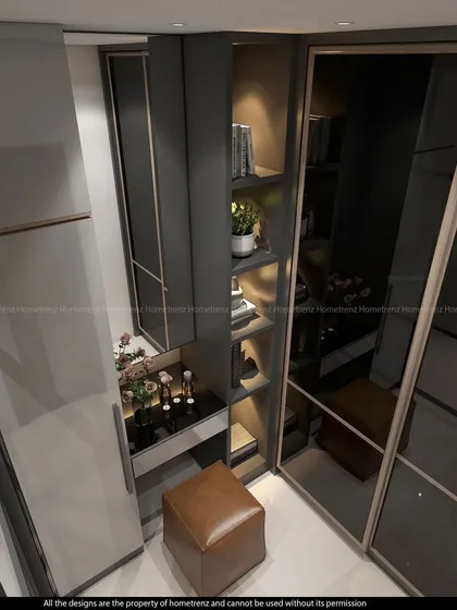 A closer look at the vanity and shelving inside the wardrobe, designed for optimal organization.