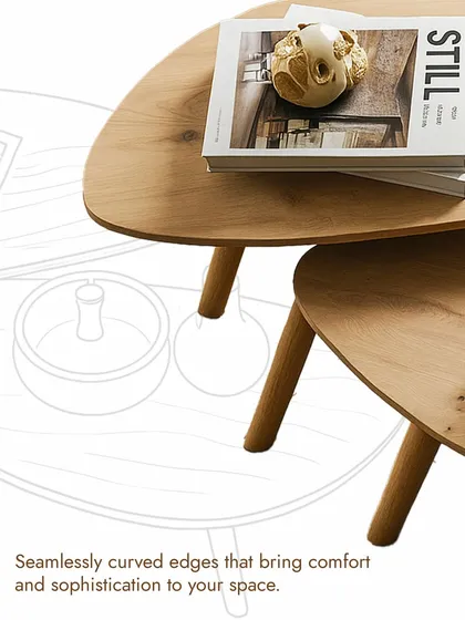 This graphic focuses on the seamlessly curved edges of the nested coffee tables. These details bring a sense of comfort and sophistication to the minimalist design.