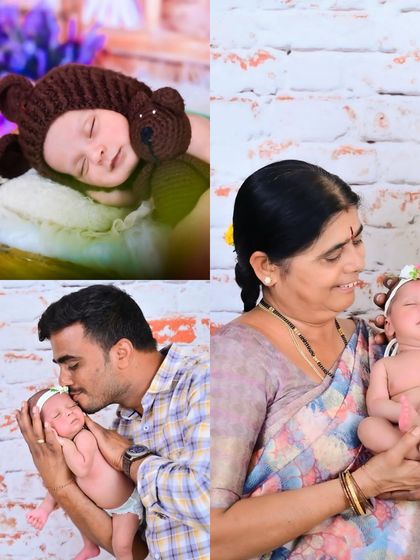 This collage celebrates the arrival of a new baby girl, featuring beautiful moments with her father and grandmother. It’s a wonderful way to document the love surrounding a newborn.
