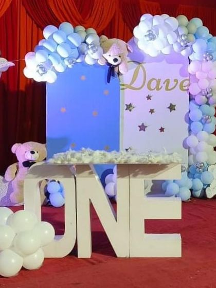 A closer look at the 'ONE' table, designed to hold the cake for a teddy bear themed birthday party.