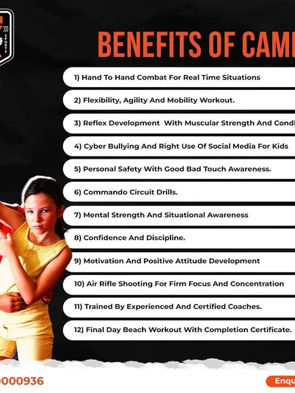 The benefits of our camp are clear. From hand to hand combat and reflex development to building mental strength and confidence, we offer a complete program for your child's growth and safety.