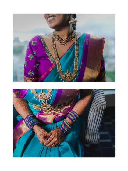 Detail shots of a South Indian bride's attire, focusing on her temple jewelry, silk saree, and colorful bangles. We highlight the cultural richness of bridal wear.
