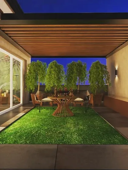 Before we lay the first stone, we bring your vision to life with detailed 3D renders. This design preview shows a client exactly how their future terrace will look, complete with artificial turf, seating areas, and plant placements.