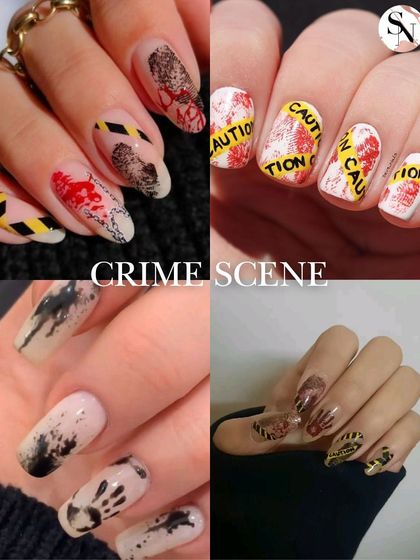 For a truly spooky look, this "crime scene" themed collage features designs with bloody handprints, caution tape, and splatters.