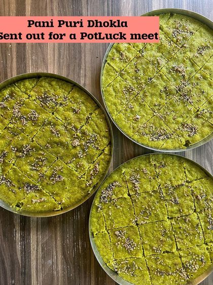 Three large plates of my customer-favorite Pani Puri Dhokla, sent out for a potluck meet.