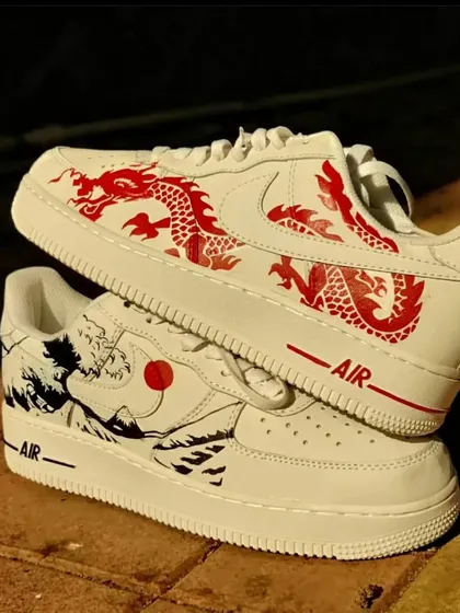 A minimal but powerful design featuring the Great Wave off Kanagawa on one shoe and a red Japanese dragon on the other.