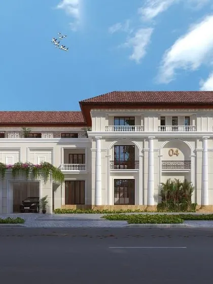 A 3D render of an upcoming classical residence in Bangalore, demonstrating our versatility in architectural styles and our ability to visualize grand, detailed designs for our clients.